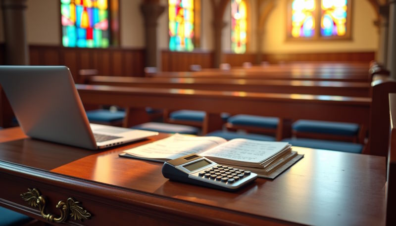 Interior de igreja serena com foco em uma mesa contendo ferramentas de contabilidade, como calculadora, livros contábeis e laptop com planilhas, ilustrando como funciona a contabilidade para igrejas em um ambiente de tranquilidade e organização.