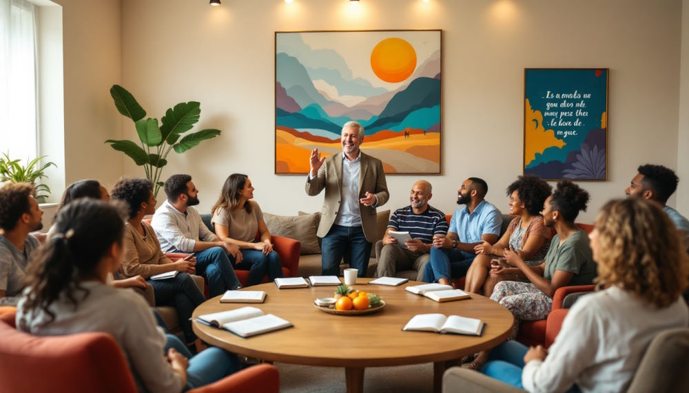 Reunião em igreja evangélica brasileira discutindo como elaborar o estatuto de uma igreja evangélica, com diversidade de participantes e pastor experiente